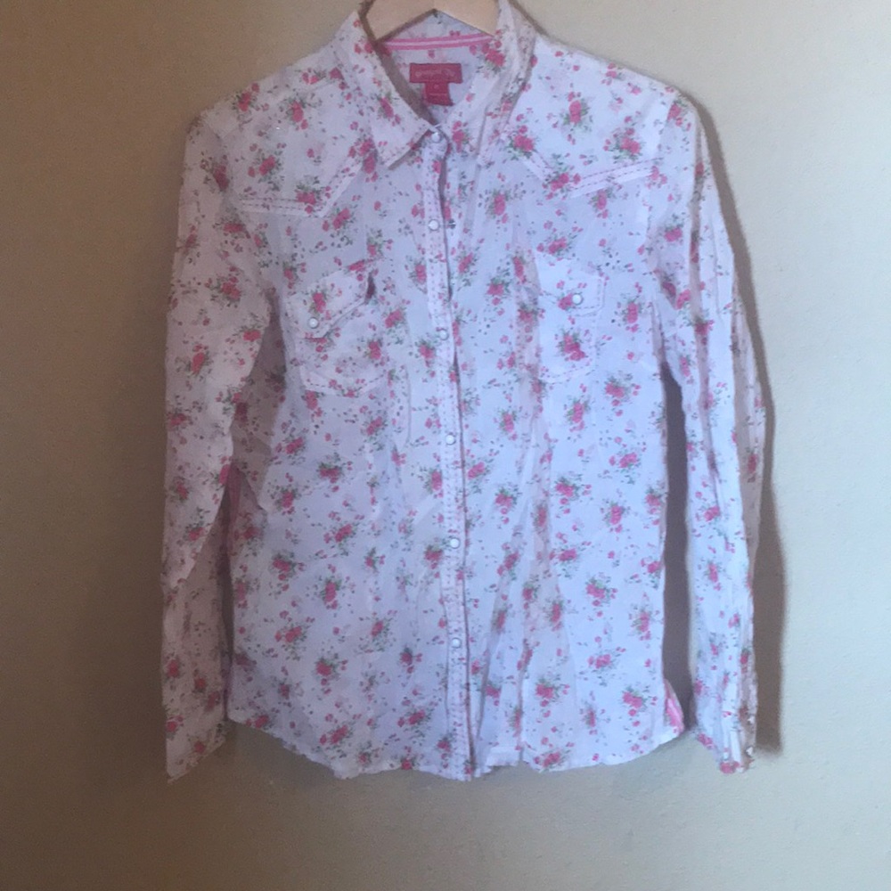 White and pink floral cowgirl up cotton pearl snap